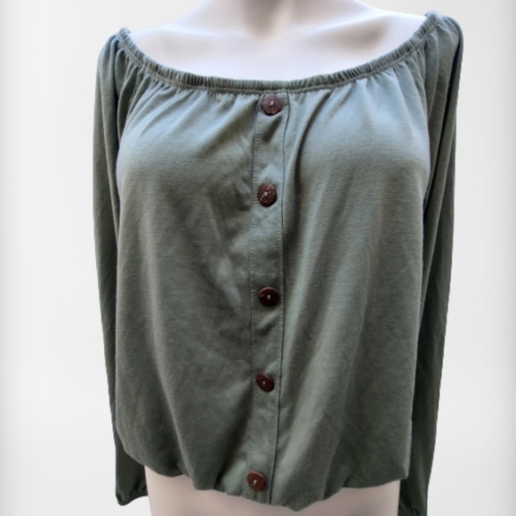 Tops - Off Shoulder Olive Green Long Sleeve Crop Top